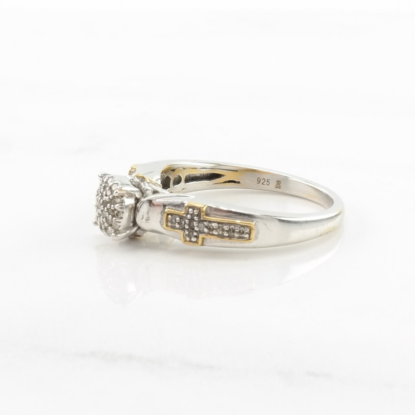 Sterling Silver Ring White Diamonds Crosses, Gold Tone Accents Sz7 R5228
