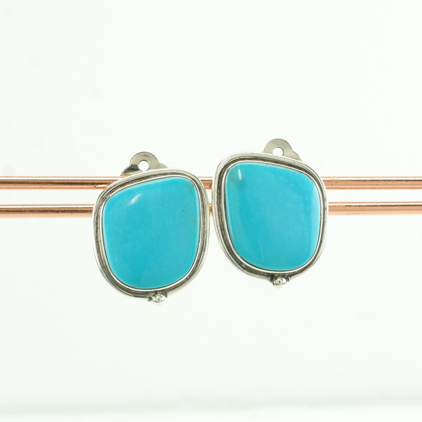 Vintage Sterling Silver Clip on Earrings, Native American Blue Turquoise Inlay ER2651