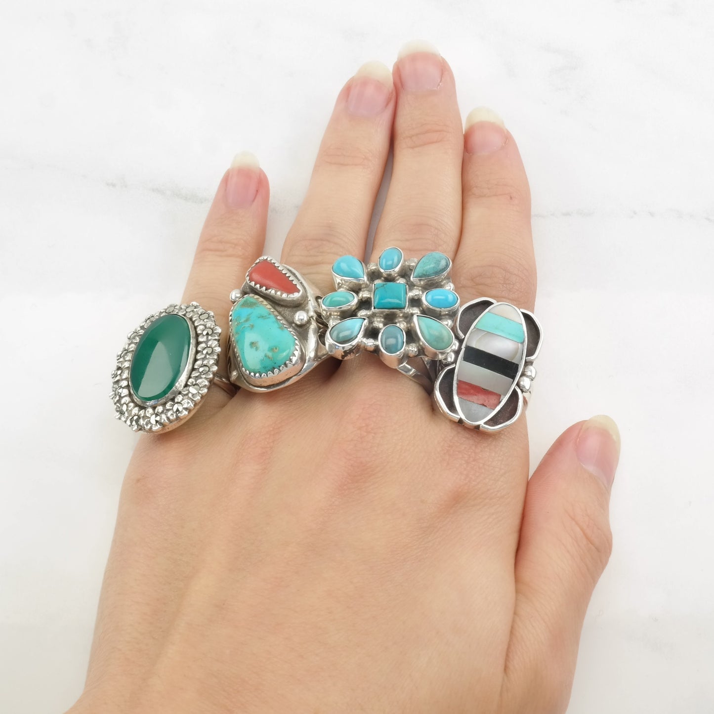 Vintage Native American Sterling Silver Ring MOP, Multi Gem Inlay Size 5 3/4