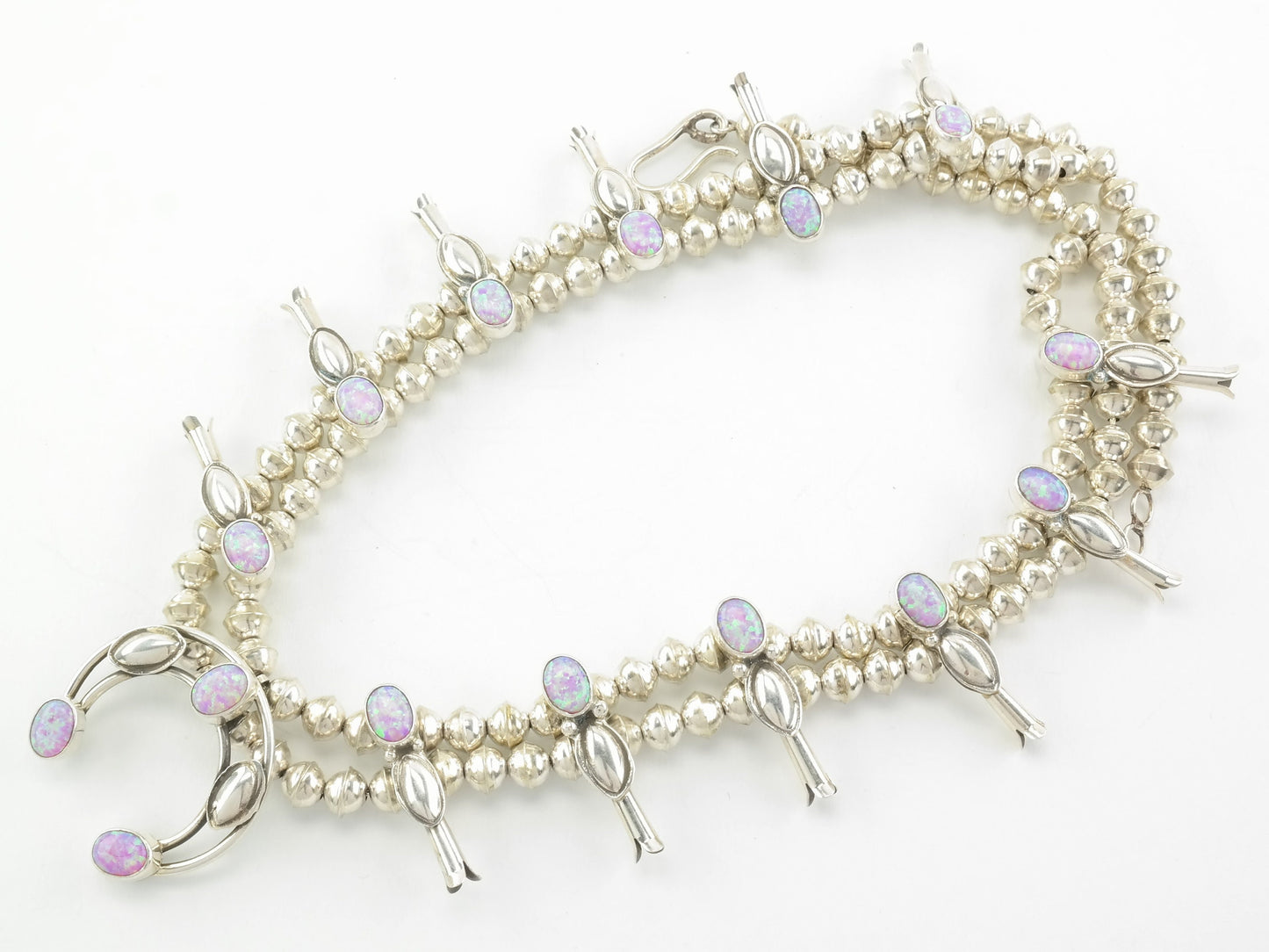 Vintage Native American Sterling Silver Pink Lab Opal Squash Blossom Necklace