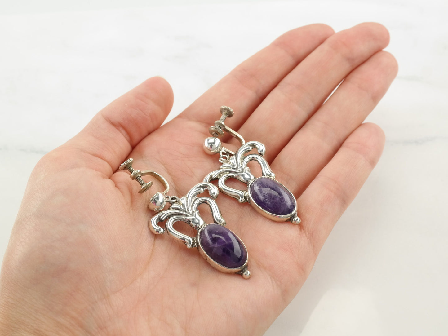 Vintage Sterling Silver Amethyst Earrings Screw Back