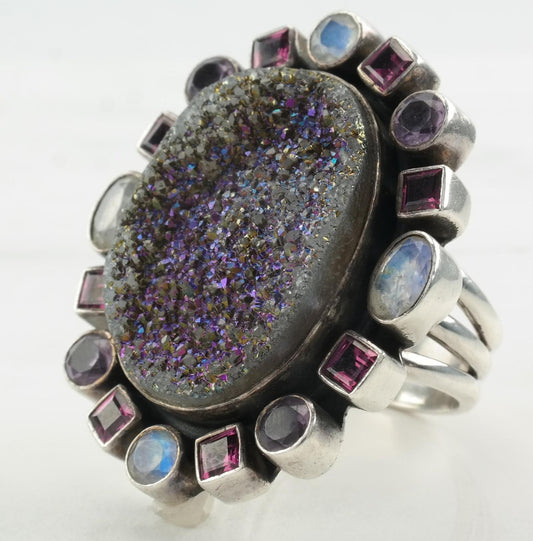 Vintage Nicky Butler Ring Druzy, Amethyst, Moonstone, Garnet Sterling Silver Size 7 3/4