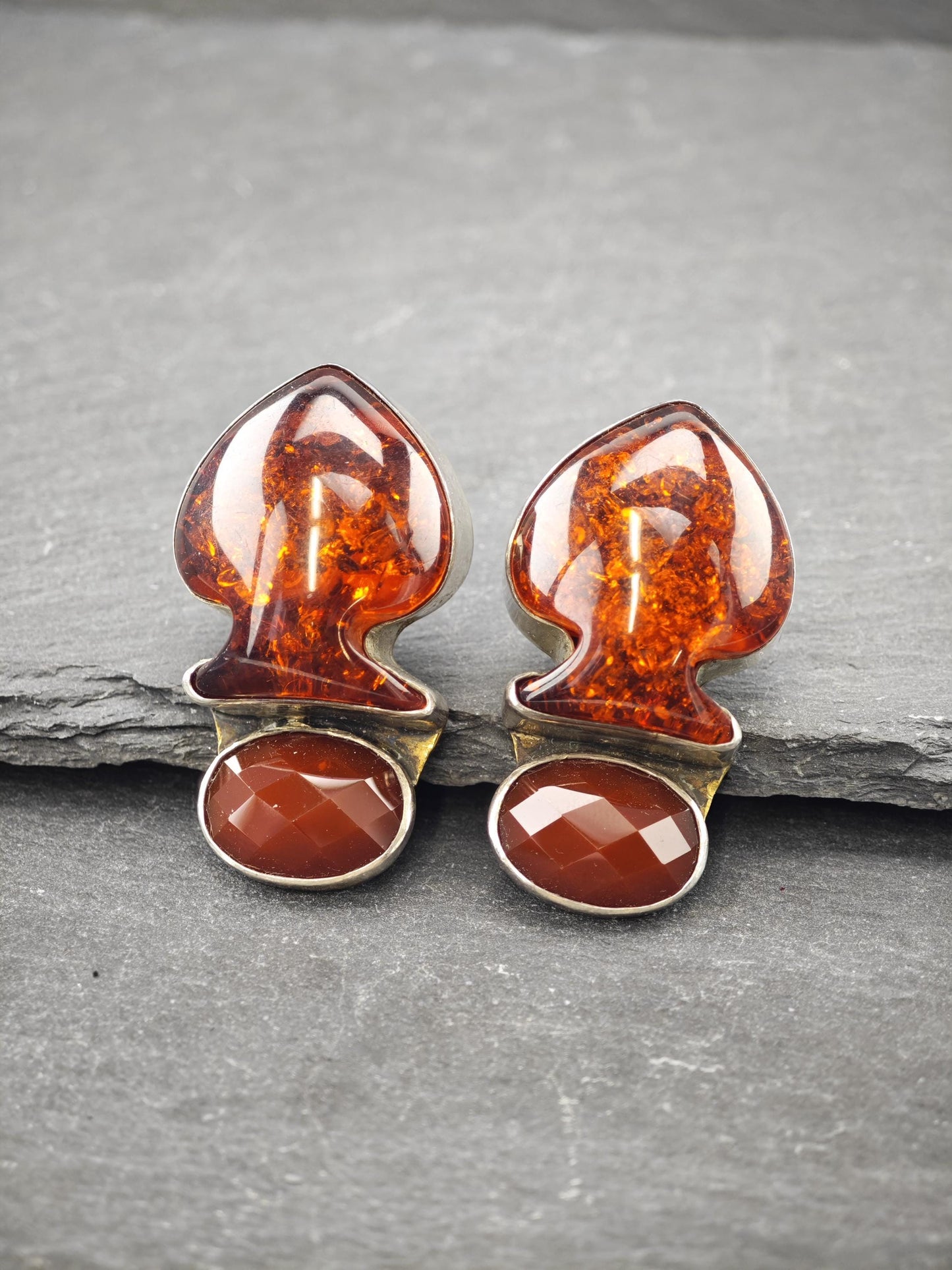 Sterling Silver Orange Red Amber Carnelian Clip-On Earrings