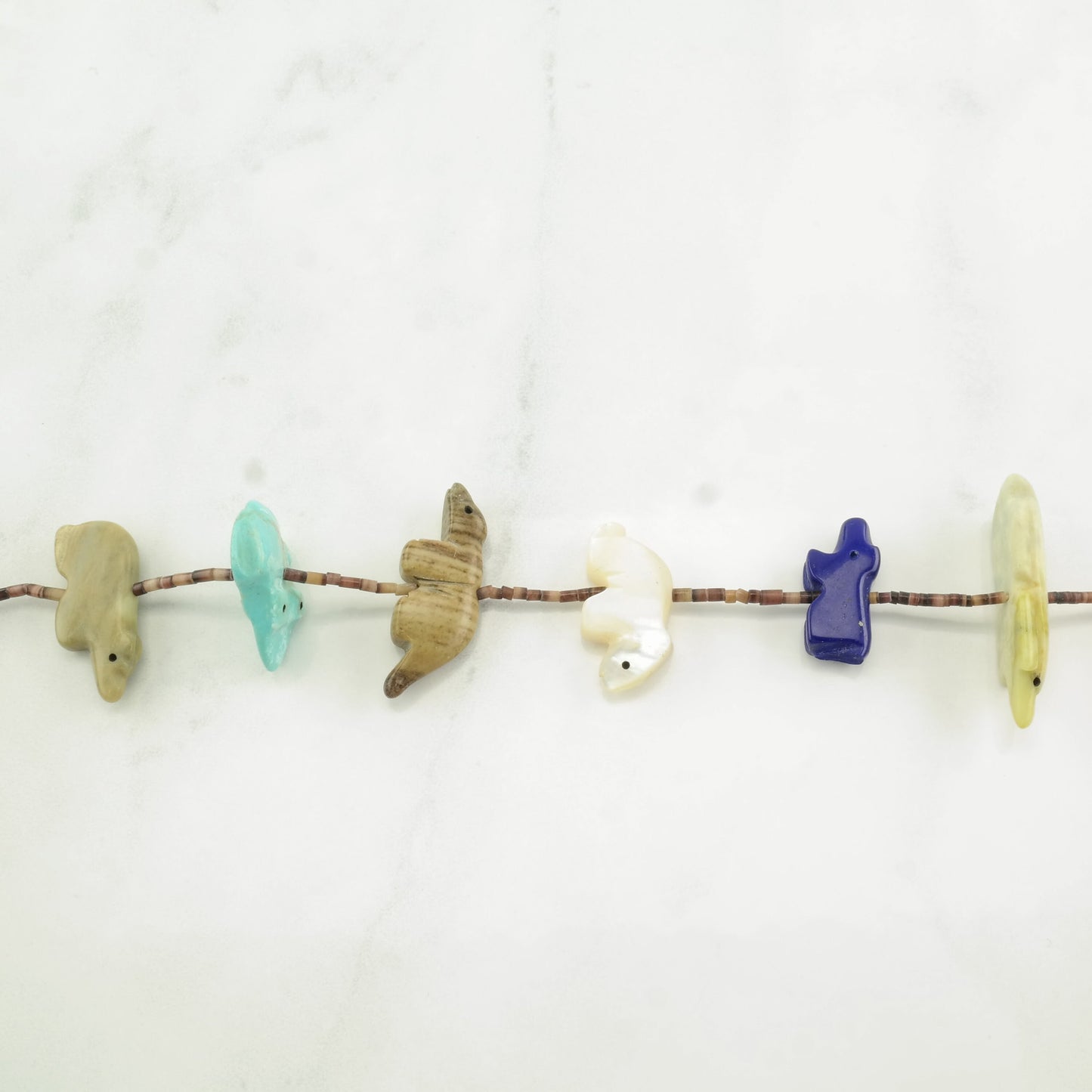 Vintage Southwest Sterling Silver Turquoise, MOP, Lapis Lazuli Animal, Heishi Necklace