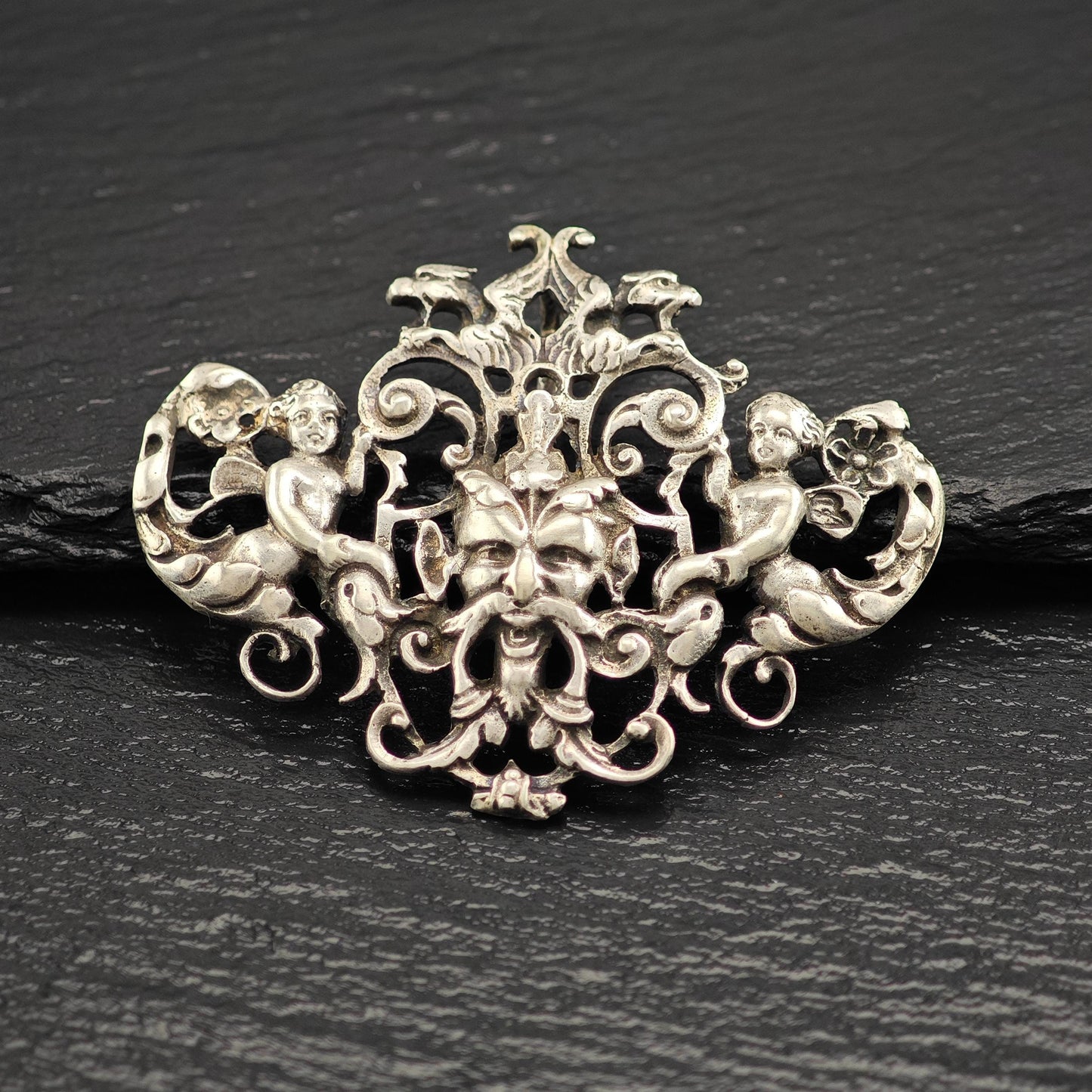 Horned God of Wine Pendant with Cherub Angels in Sterling Silver