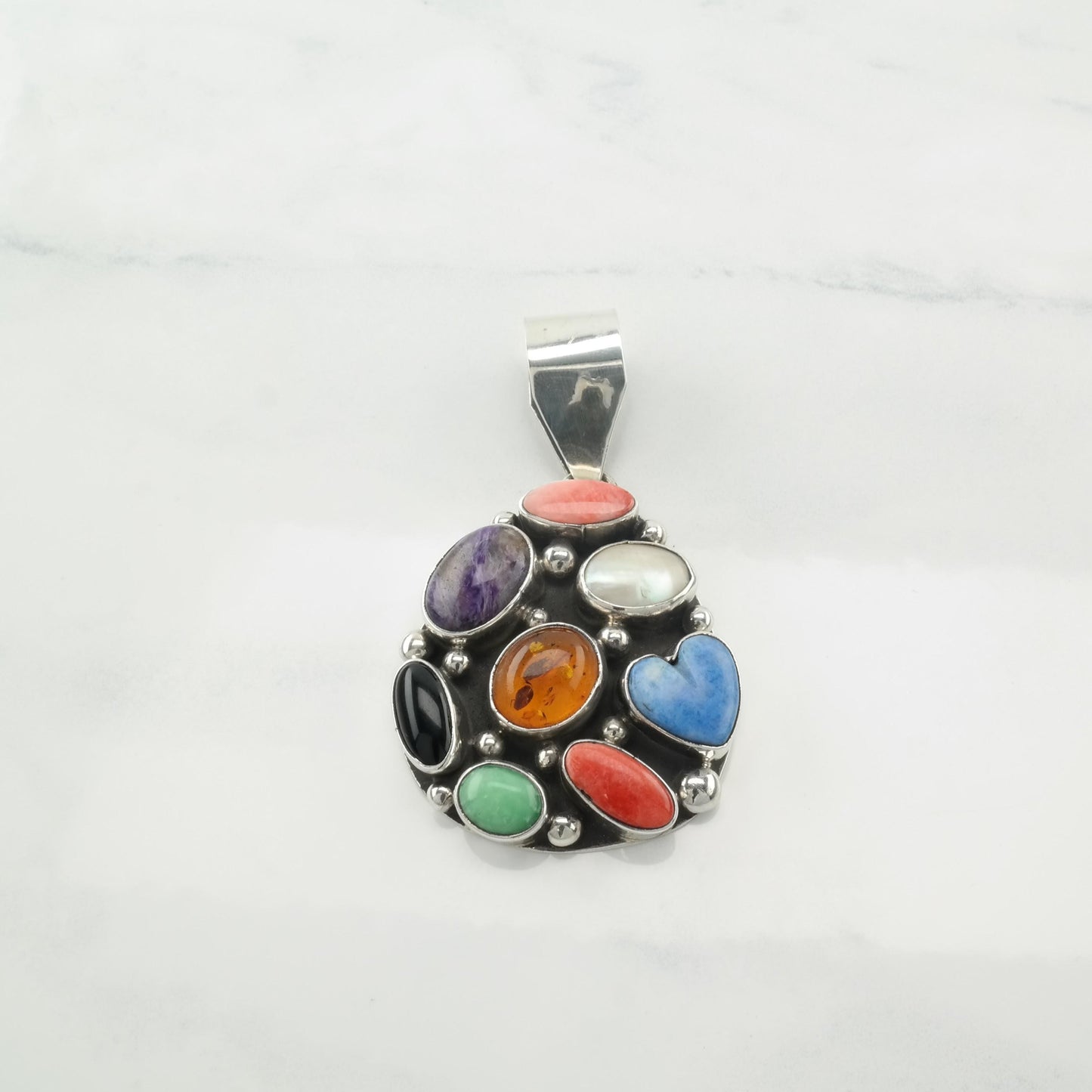 Vintage Silver Pendant Amber, Pearl, Onyx Multi Gem, Teardrop Sterling