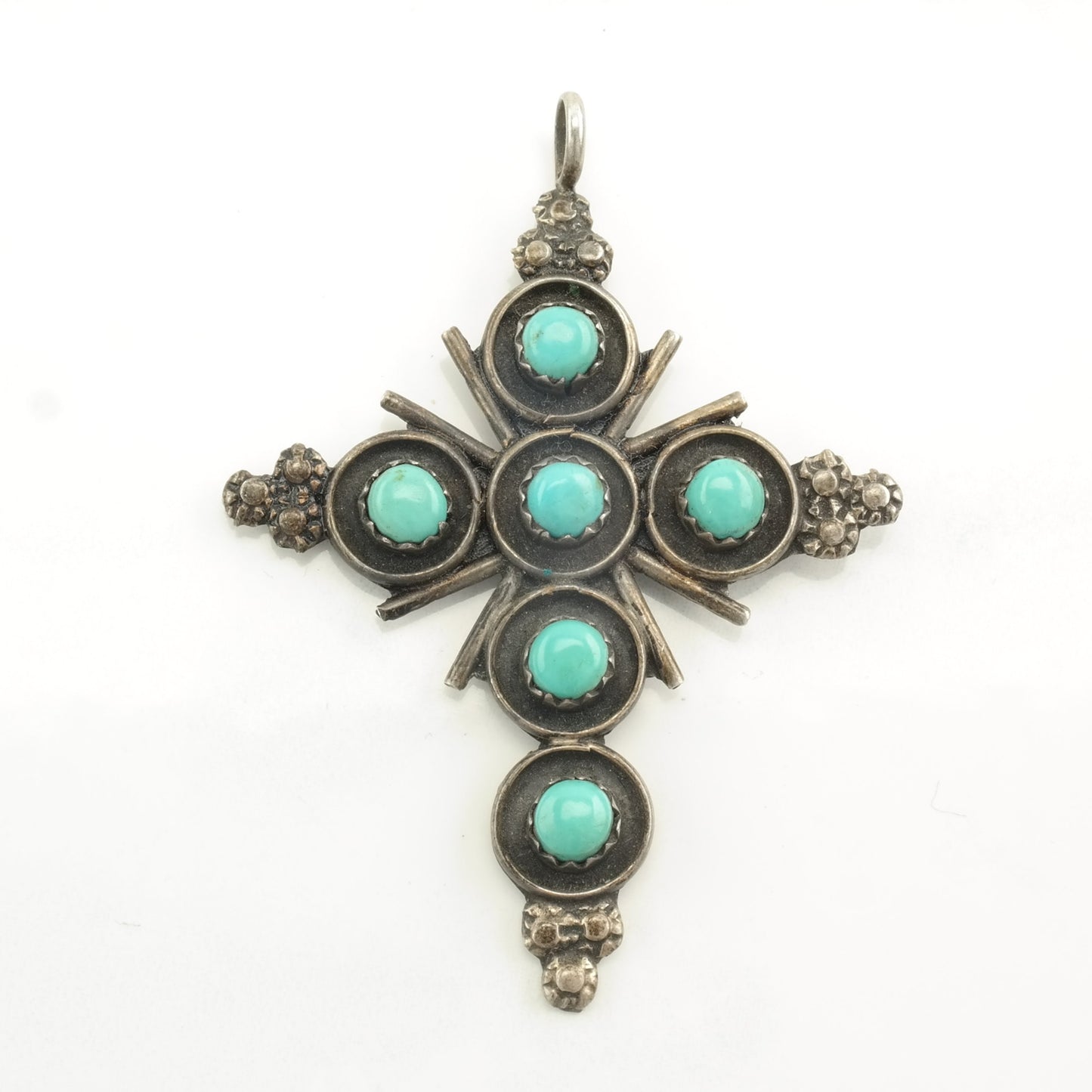 Vintage Zuni Turquoise Cross, Snake Eye Sterling Silver Pendant