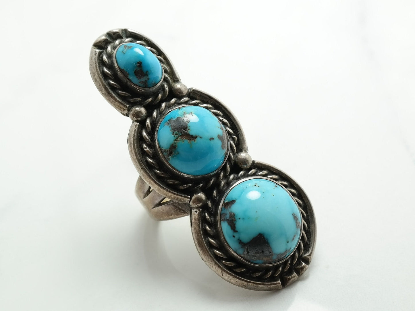 Vintage Native American Sterling Silver Turquoise Ring, Size 7 3/4, 1970s Southwestern Jewelry, Boho Statement Ring, Three Stone Ring