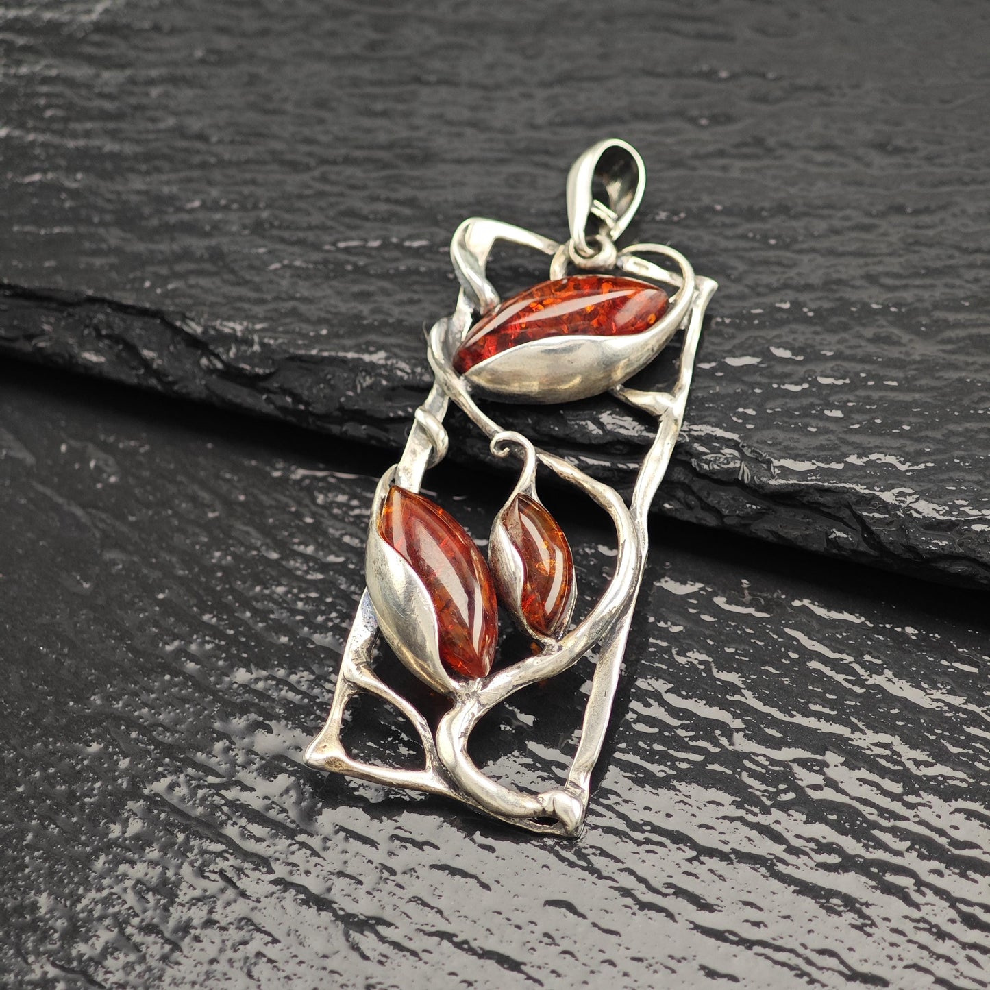 Art Nouveau Style Amber, Floral Pendant Sterling Silver