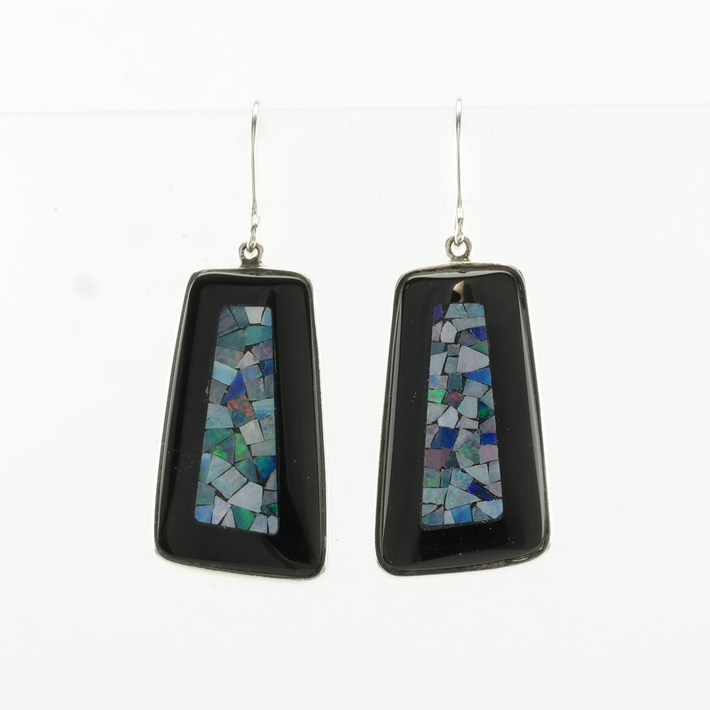 Sterling Silver Onyx, Opal Mosaic Inlay Earrings Fish hook/Dangle