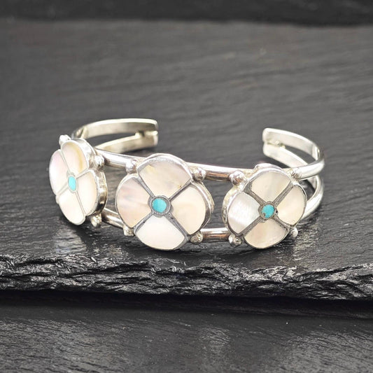 Zuni, Native American, Flower Inlay Cuff Bracelet Sterling Silver