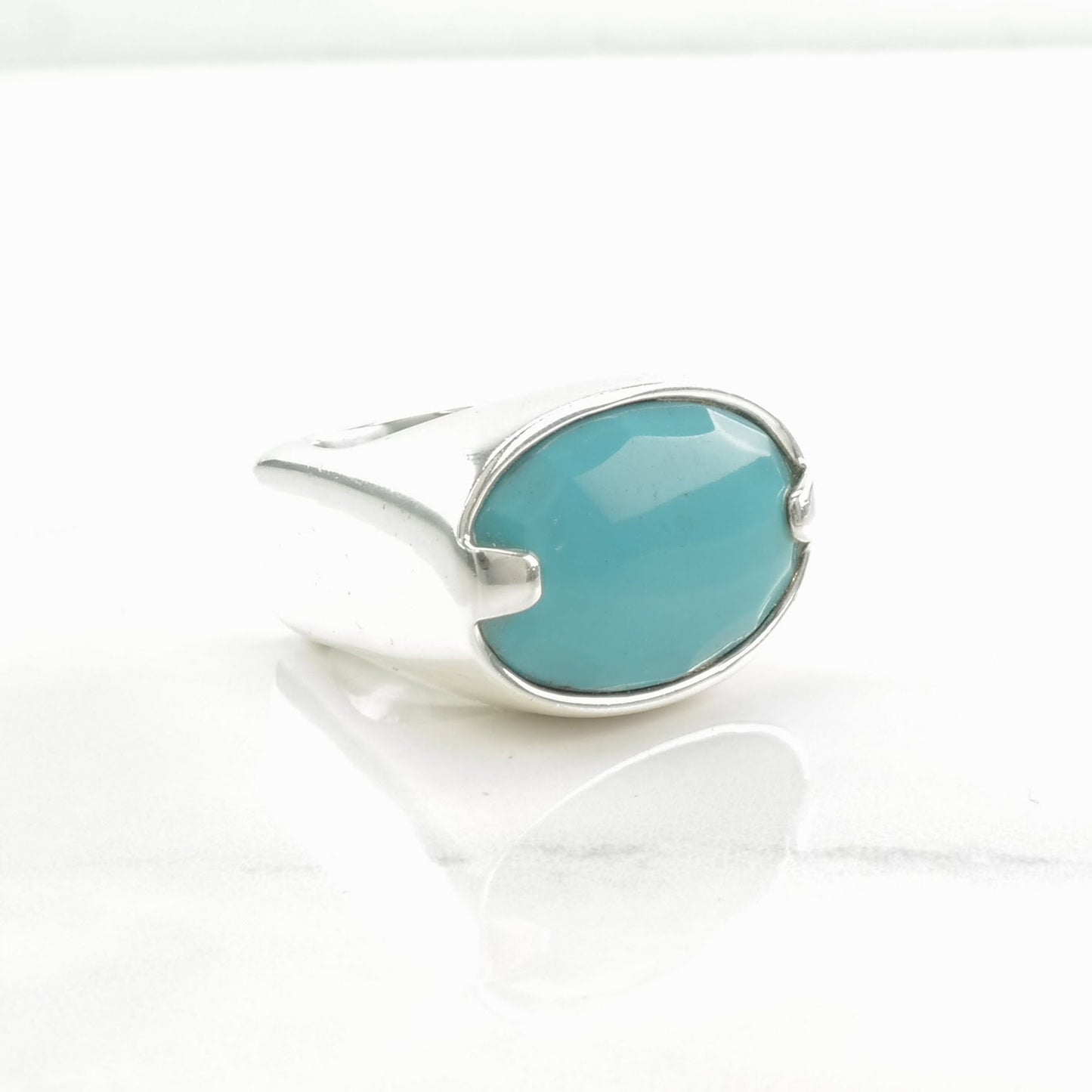 Vintage Heavy, Designer Silver Ring Created Turquoise Square Band Sterling Blue Size 7 1/2