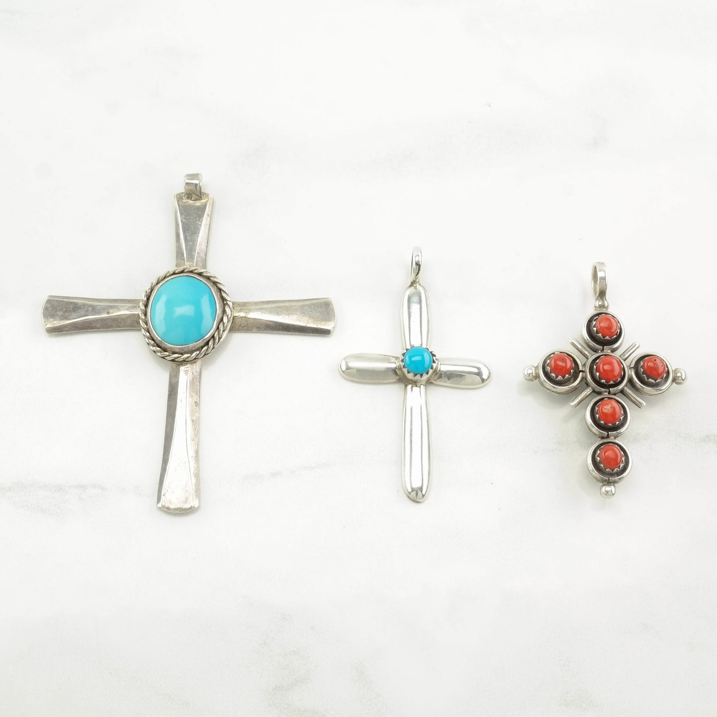 Vintage Native American Turquoise, Coral Cross Sterling Silver Pendant
