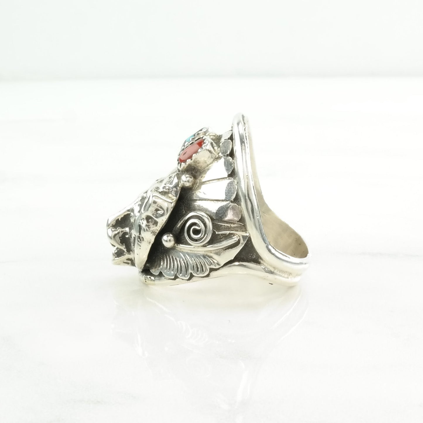 Vintage Native American Silver Ring Turquoise, Coral Bear Sterling Blue, Red Size 11 1/