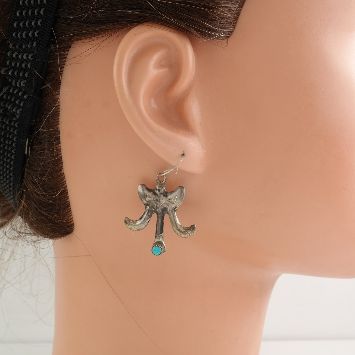 Native American Sterling Silver Turquoise Stamped, Sandcast, Earrings Fish Hook, Dangle