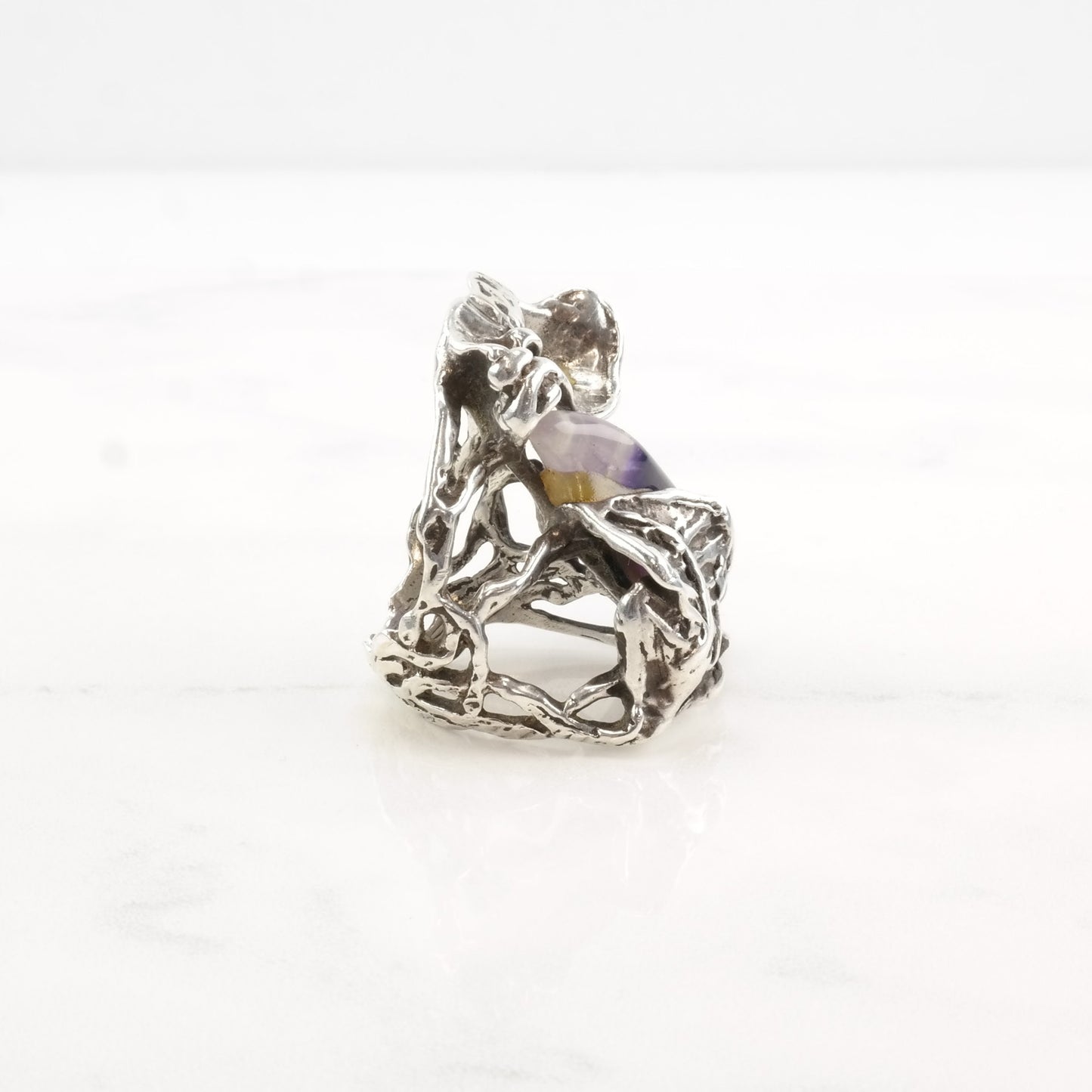 Brutalist Silver Ring Amethyst Leaf Flower Sterling Sz7 1/2 R4349