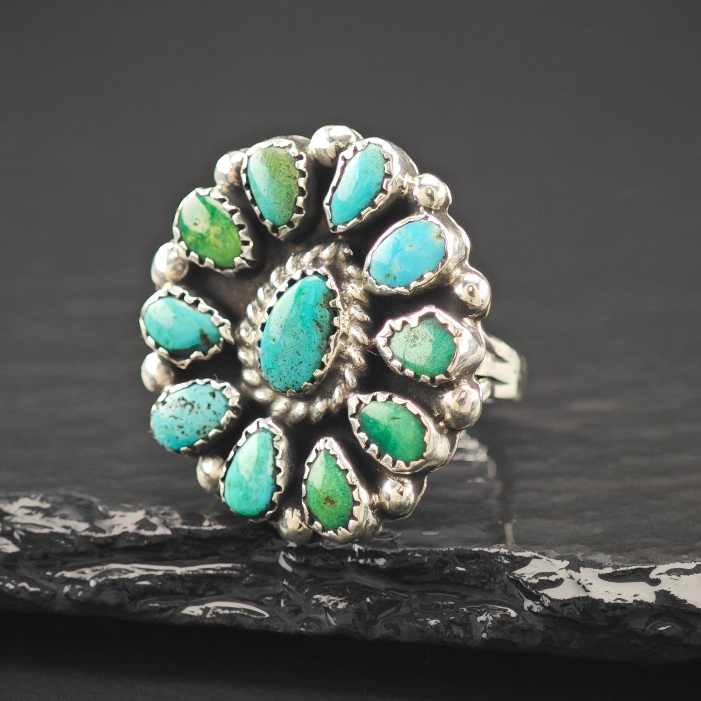Native American Cluster Turquoise Ring Sterling Silver