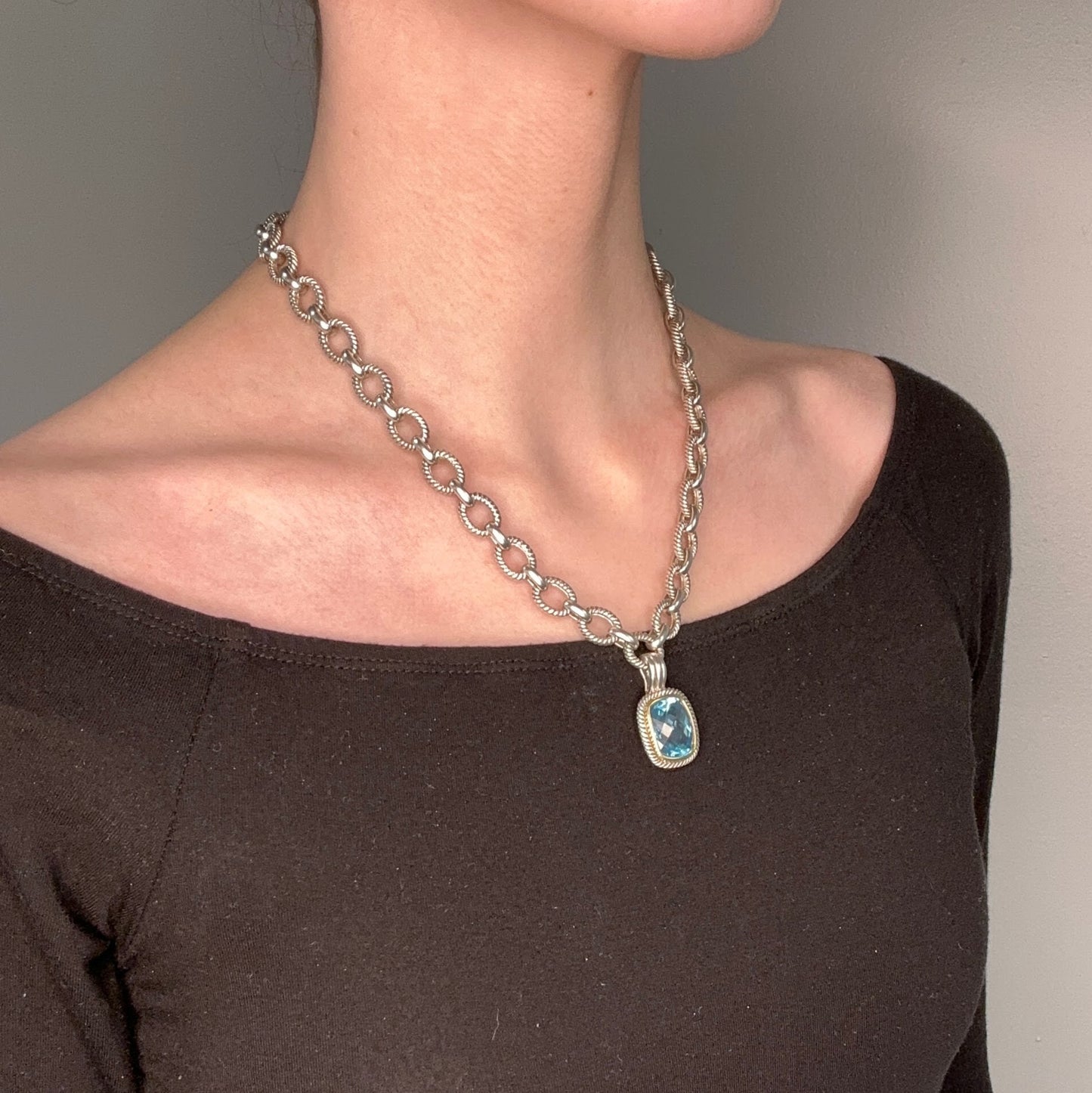 Michelle Albala Sterling Silver Topaz Gold Bezel, Cable Link Chain Necklace