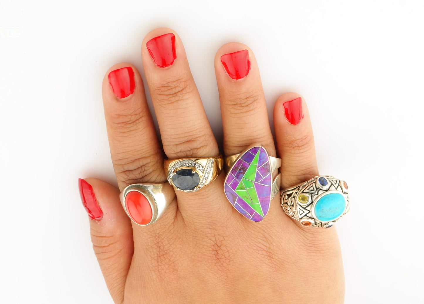 Vintage Statement Sterling Silver Ring Size 8 Turquoise Natural Sapphires