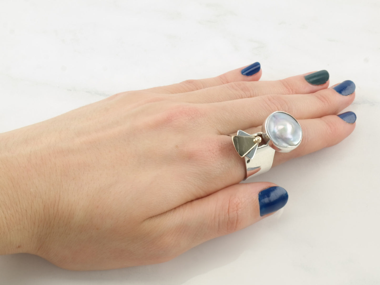 Vintage Modernist Silver Ring Pearl Two tone Sterling Size 6 1/2