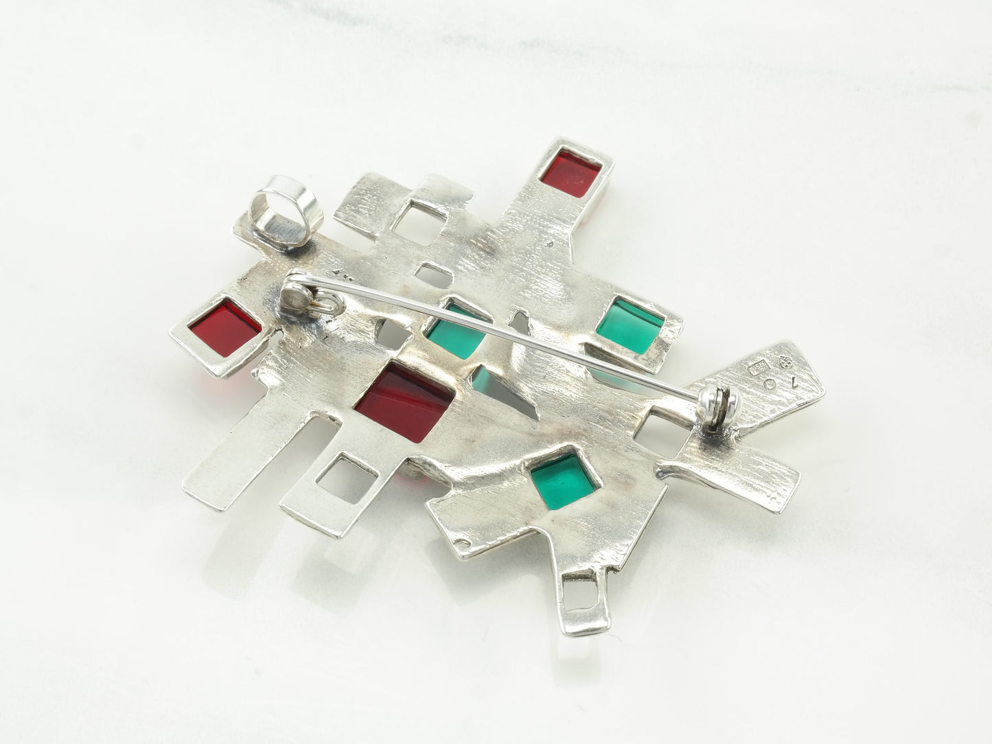 Silver Brooch Pendant Abstract Red Blue Glass Sterling