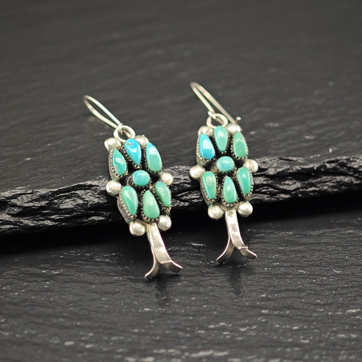 Zuni, Raynold Lonsee Floral Turquoise Kidney Wire Earrings Sterling Silver