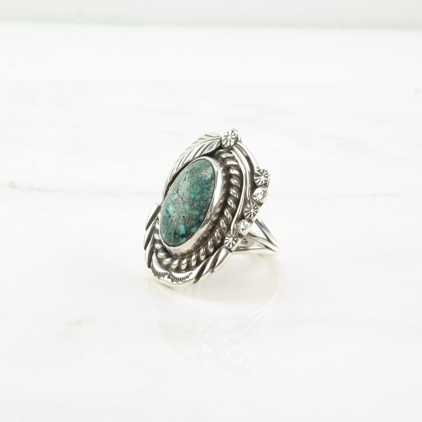 Vintage Navajo Silver Ring Spiderweb Turquoise Leaf Sterling Size 7 1/4