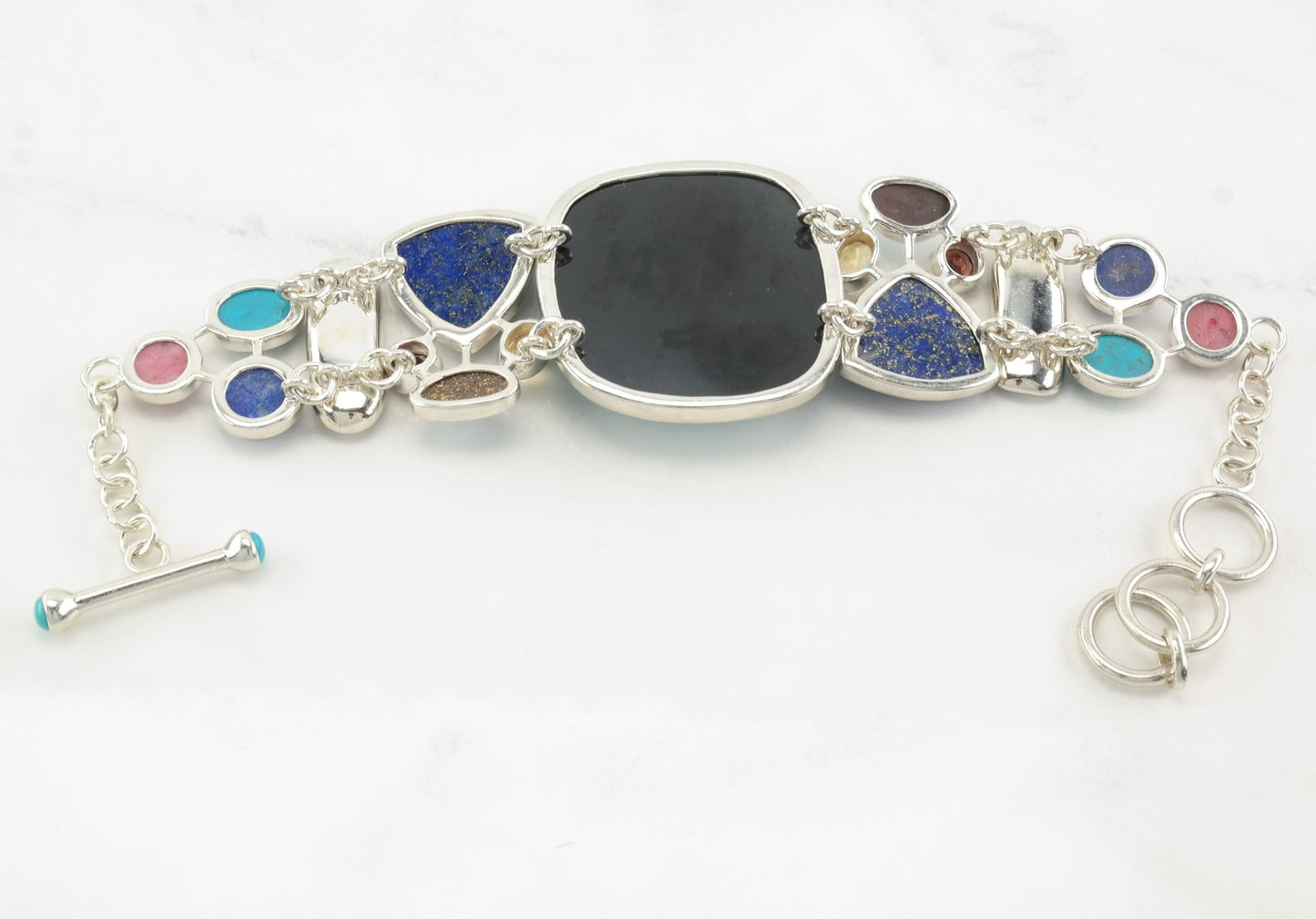 Modernist Sterling Silver Line Bracelet Multi Stone, Turquoise, Lapis Lazuli, Opal