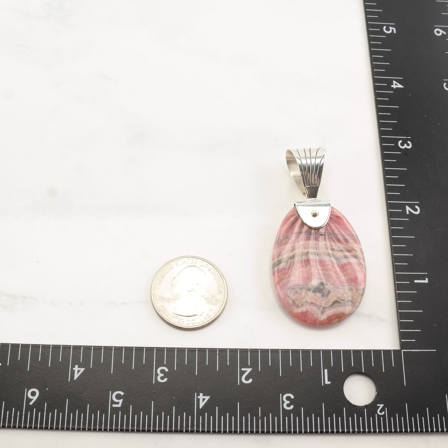 Vintage DTR Rhodochrosite Oval Shell Carved Sterling Silver Pendant