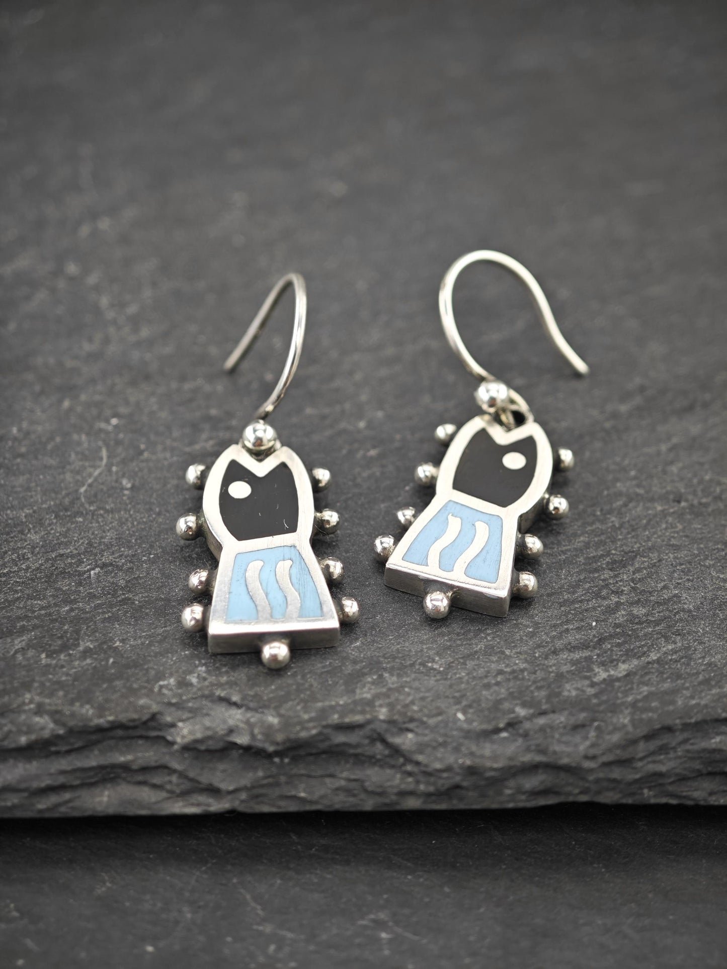 Jan Gjaltema Enamel, Fish Earrings Fish Hook Sterling Silver