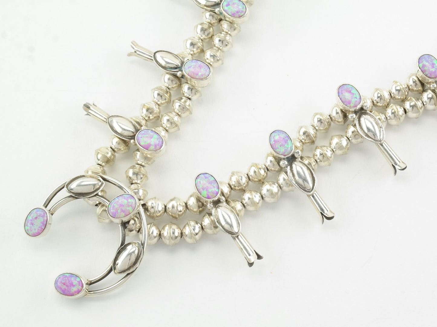 Vintage Native American Sterling Silver Pink Lab Opal Squash Blossom Necklace