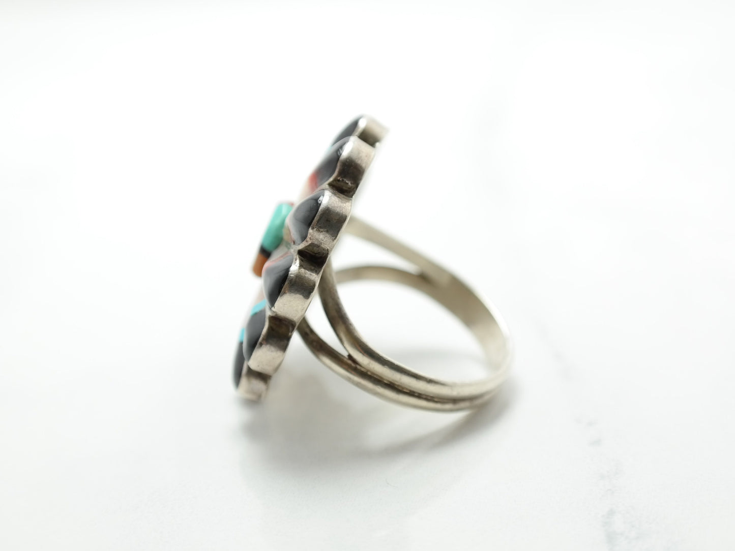 Vintage Southwest Ring Multi Gem Inlay Floral Sterling Silver Size 7 1/2