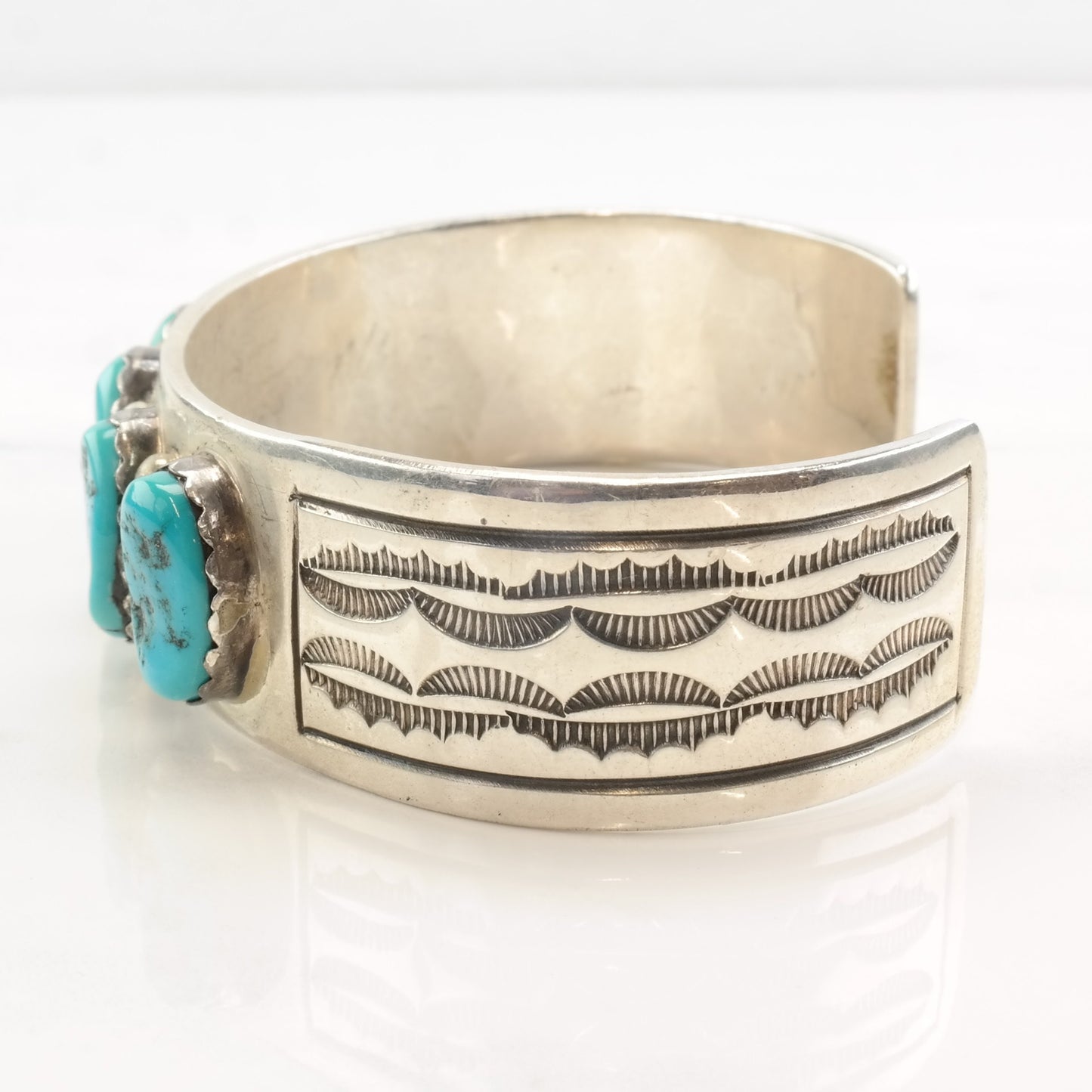 Native American Turquoise Cuff Bracelet Sterling Silver Cluster Row