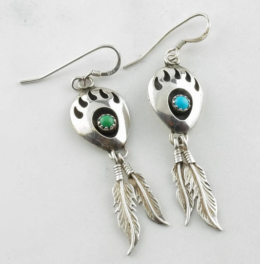 Sterling Silver Blue, Green Turquoise Bear paw Earrings