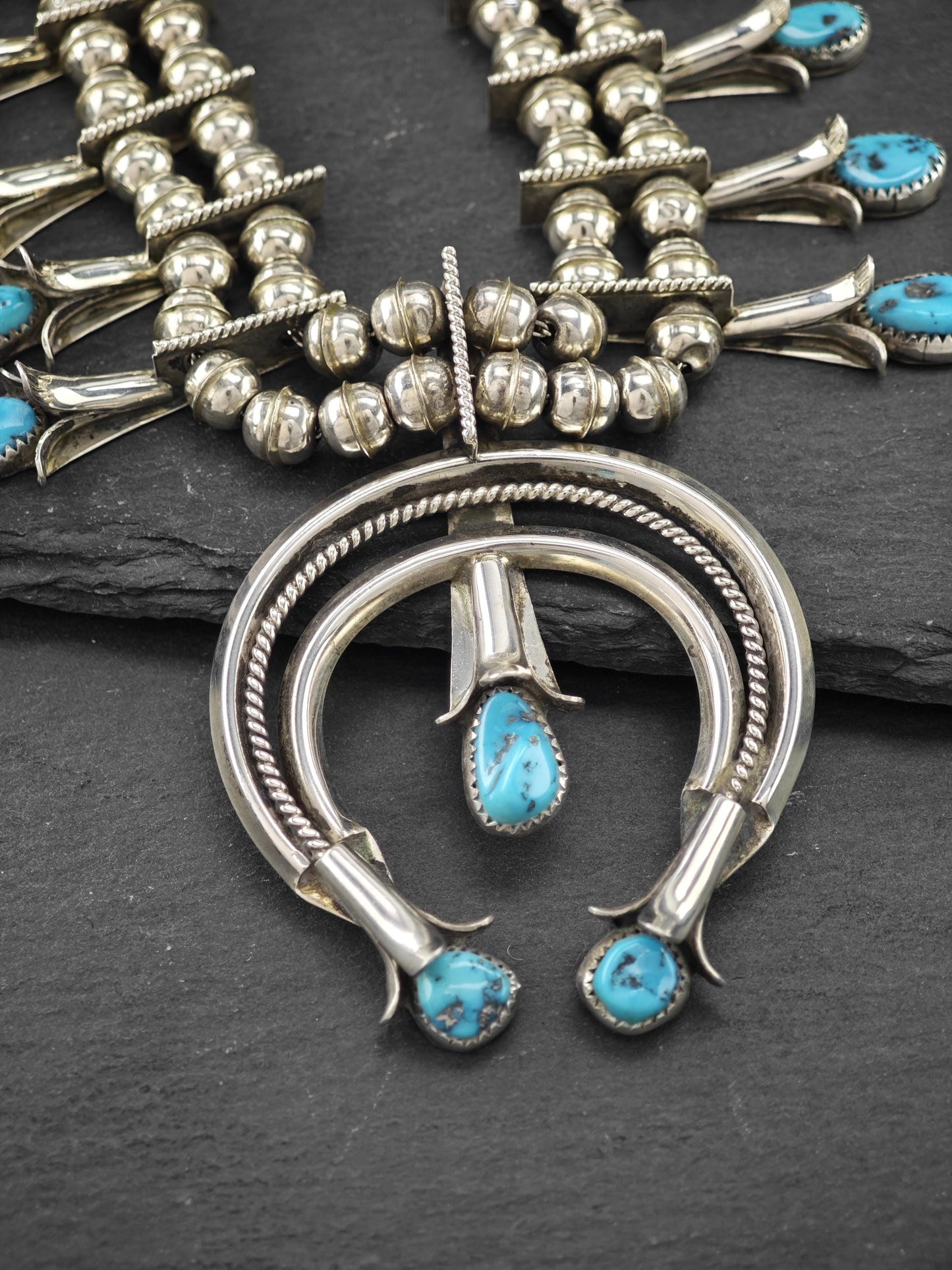 Navajo, Native American Turquoise Squash Blossom Necklace Sterling Silver