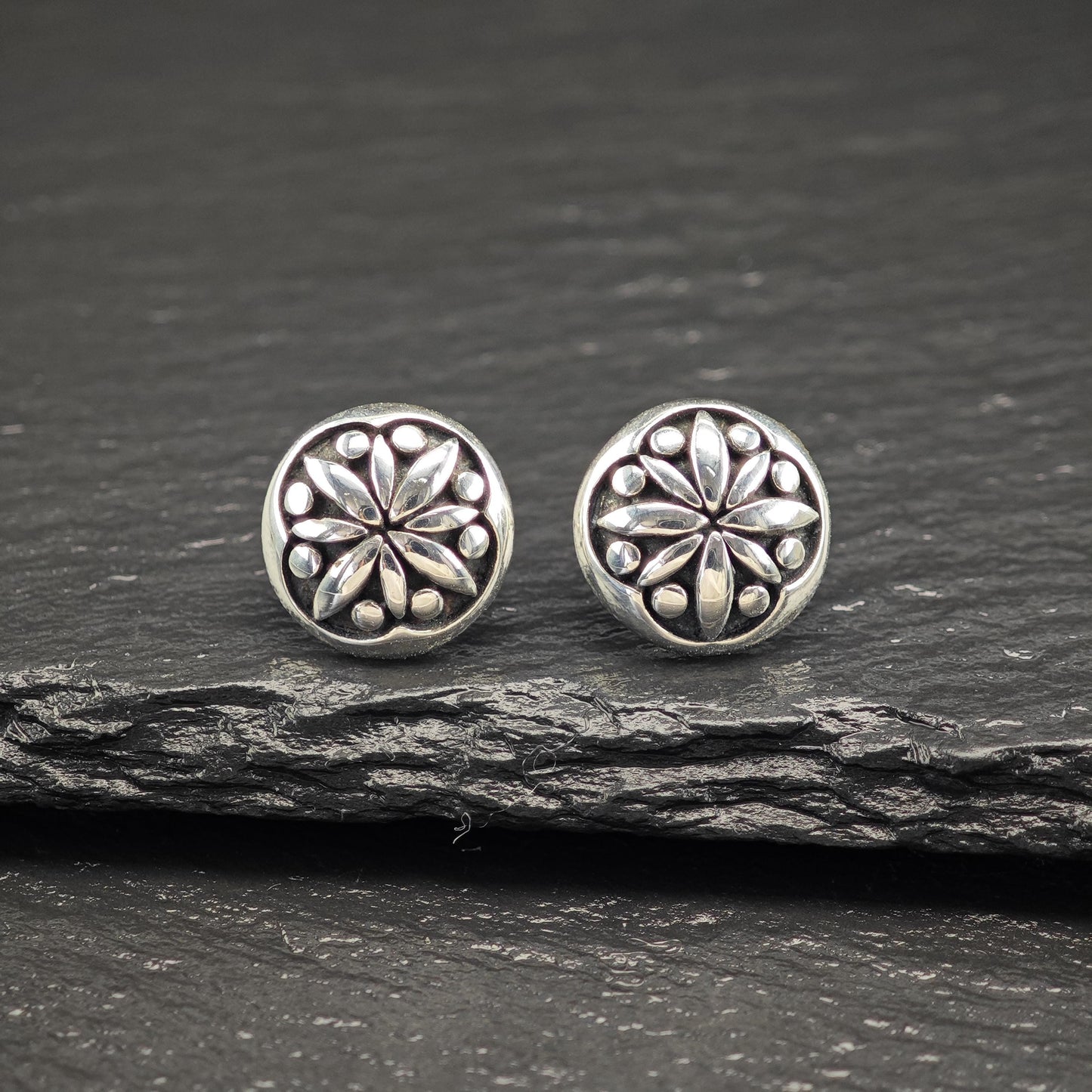 Vintage Overlay Floral Stud Earrings Sterling Silver