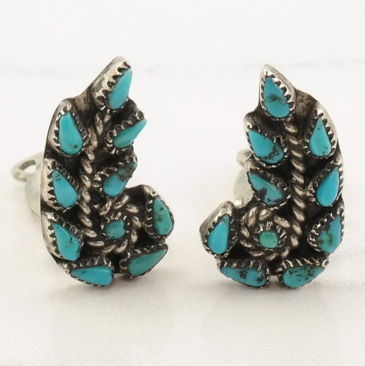 Native American Sterling Silver Turquoise Zuni Leaf Earrings Clip On