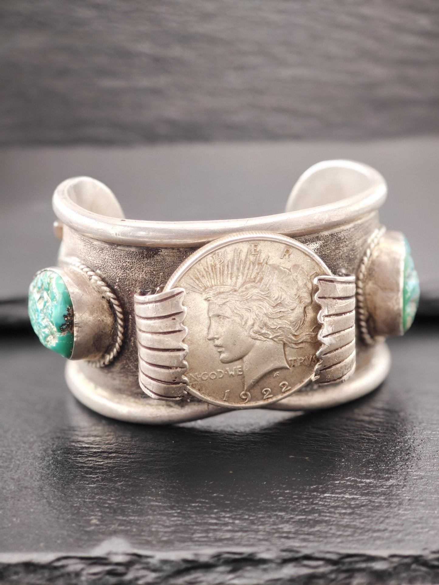 Native American, Turquoise, Coin Cuff Bracelet Sterling Silver