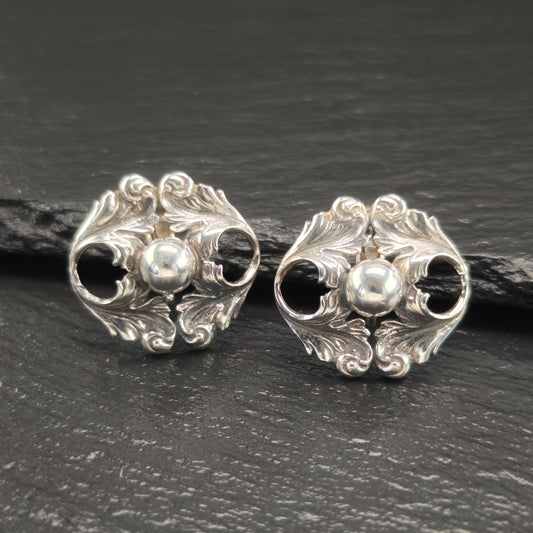 Vintage Sterling Silver Cini Floral Clip-On Earrings Art Nouveau Style