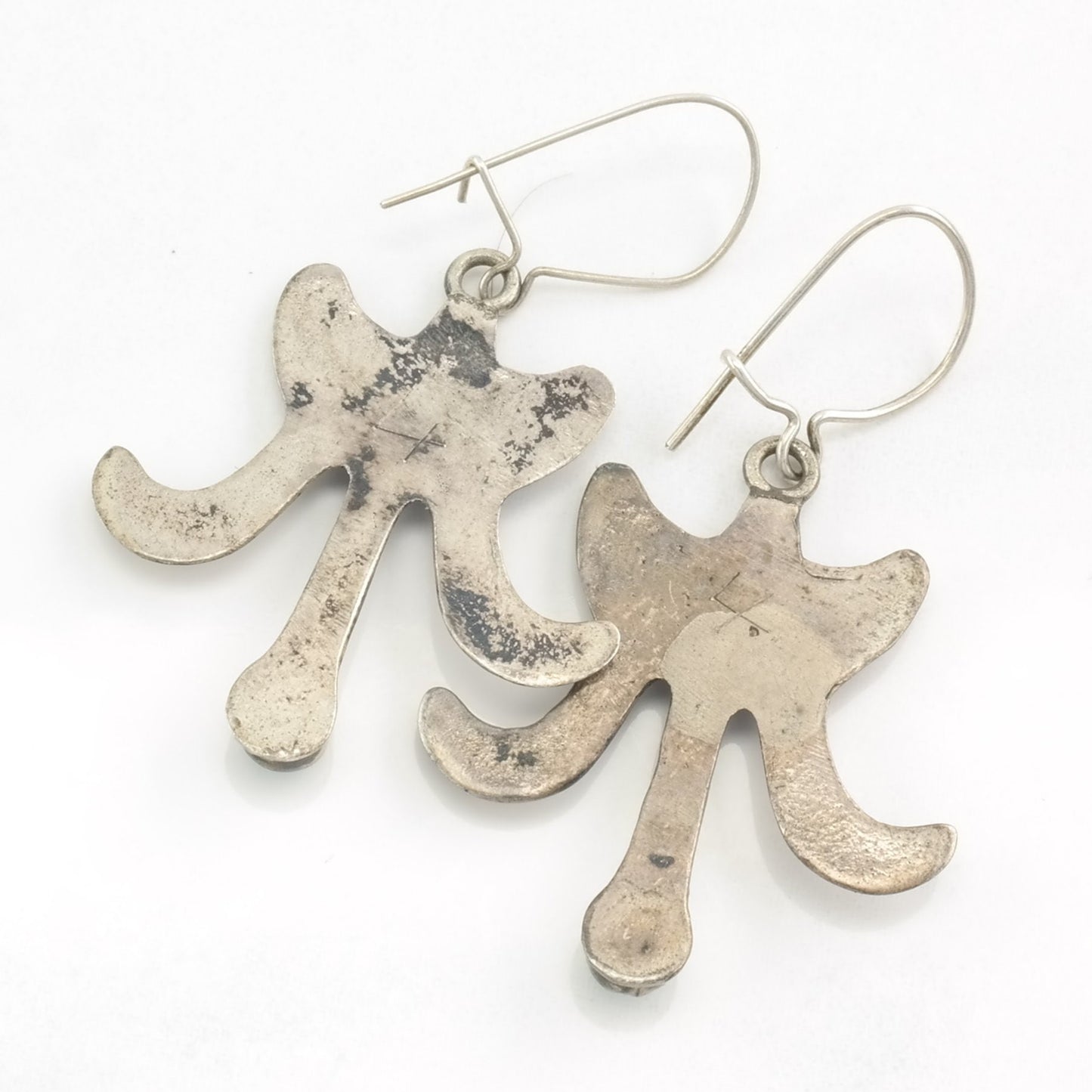 Native American Sterling Silver Turquoise Stamped, Sandcast, Earrings Fish Hook, Dangle