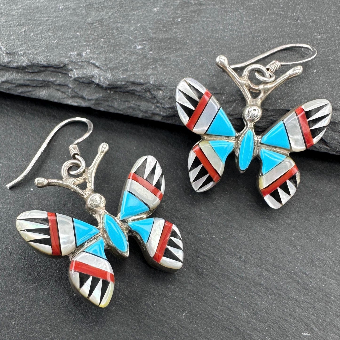 Southwest Inlay, Butterfly Fish Hook Earrings Sterling Silver