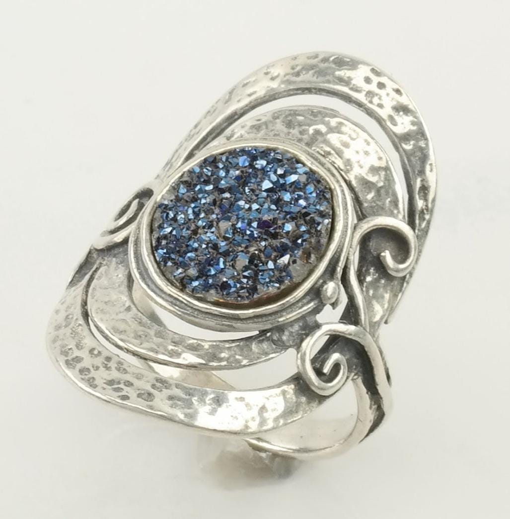 Vintage Modernist Silver Ring Druzy Shield Sterling Blue Size 8 1/4