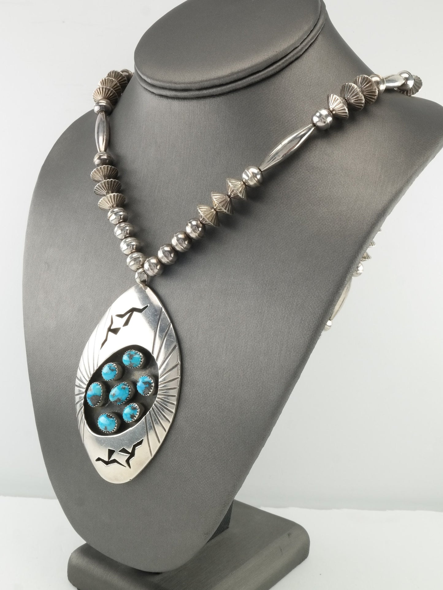 Vintage Native American Sterling Silver Turquoise Cluster Shadowbox Navajo Beads Necklace