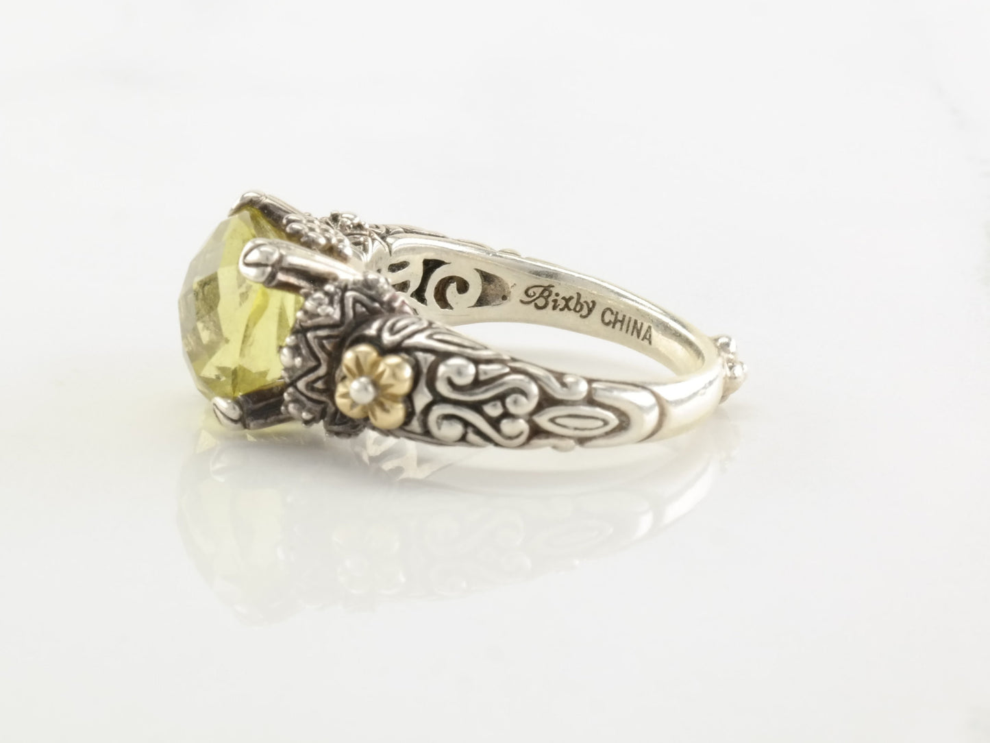 Vintage Bixby Lemon Quartz Cushion Cut Sterling Silver Ring Floral Size 9