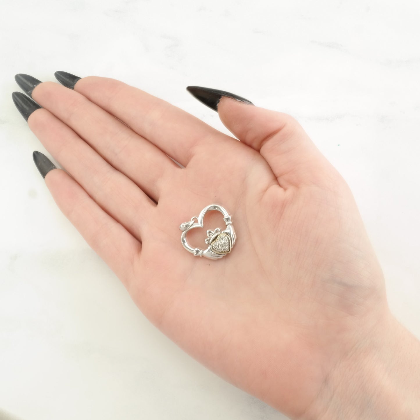 Vintage Alwand Vahan Diamond Claddagh,14K gold accents Sterling Silver Pendant