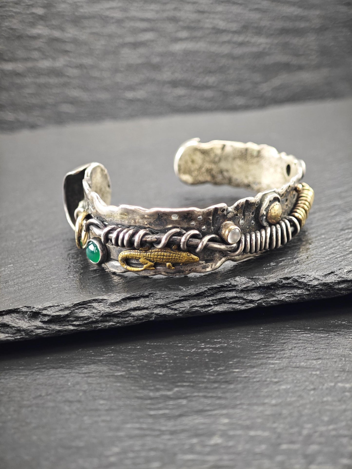 Brutalist Alligator, Moonstone, Onyx 14K Gold Accents Cuff Bracelet Sterling Silver