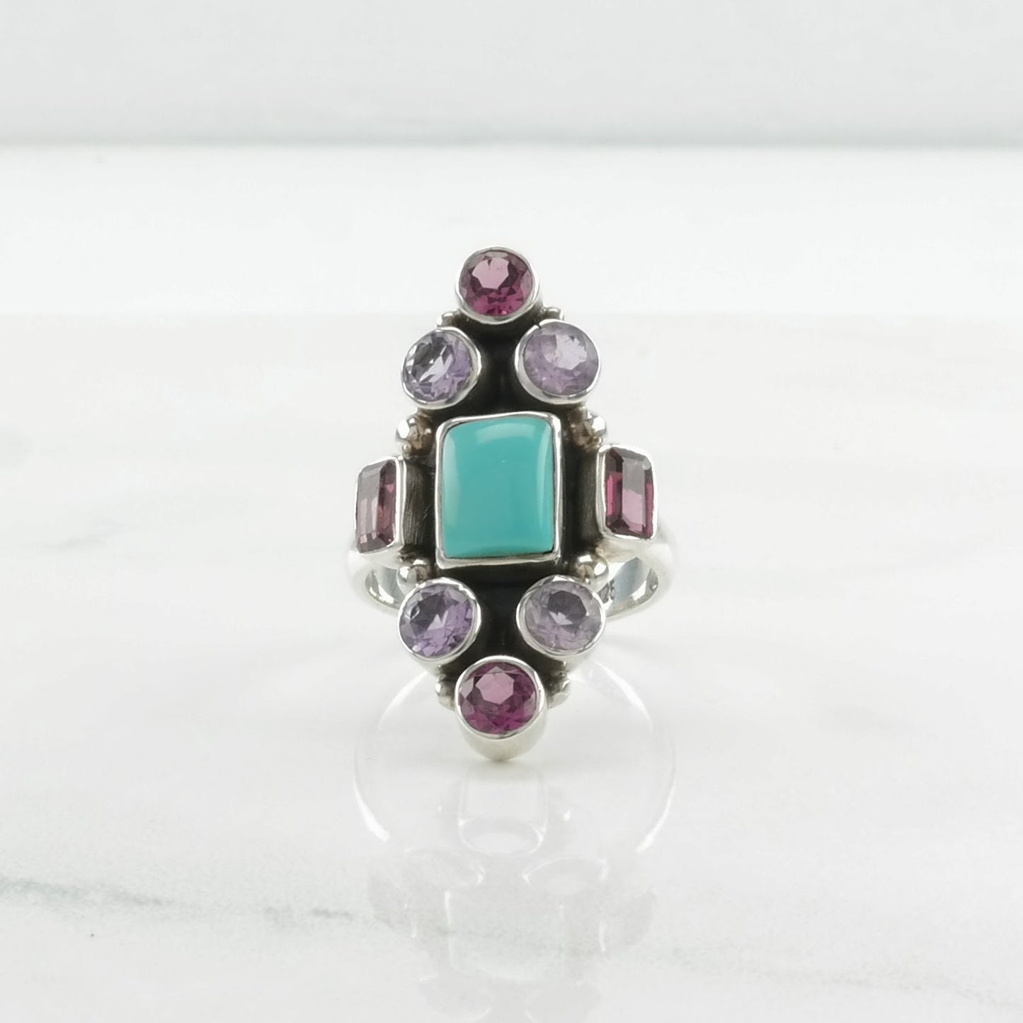 Vintage Nicky Butler Silver Ring Turquoise, Garnet, Amethyst Cluster Sterling Size 6
