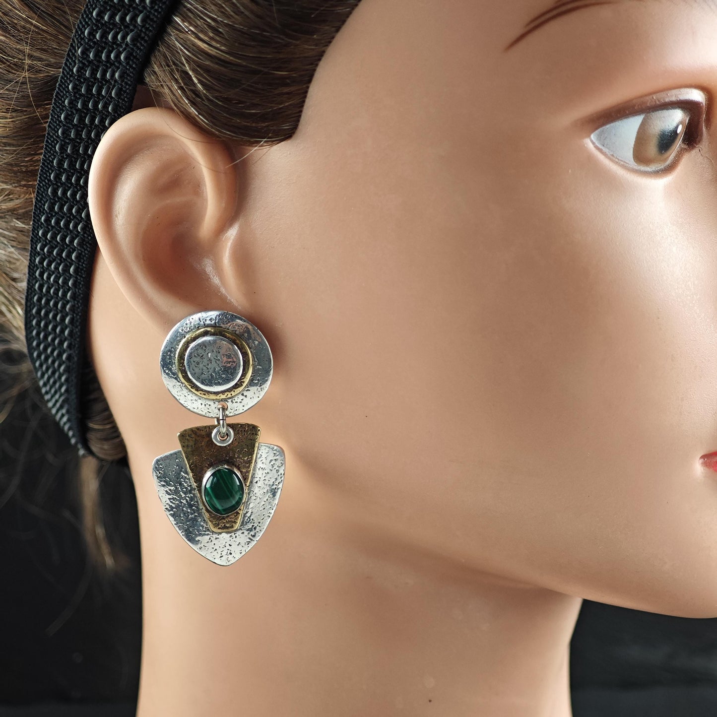 Modernist Green, Gold Malachite Brass Stud/Dangle Earrings Sterling Silver