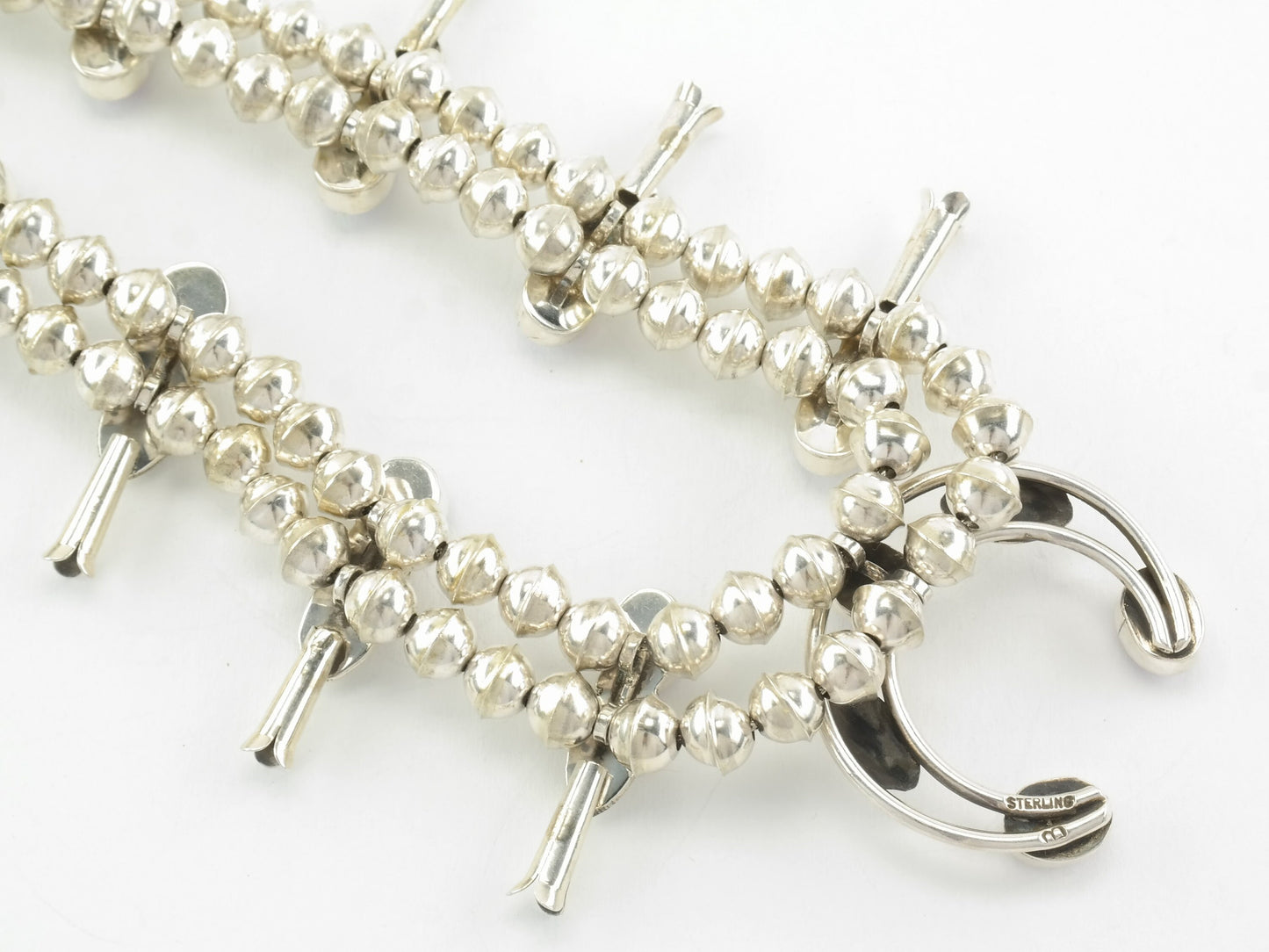 Vintage Native American Sterling Silver Pink Lab Opal Squash Blossom Necklace