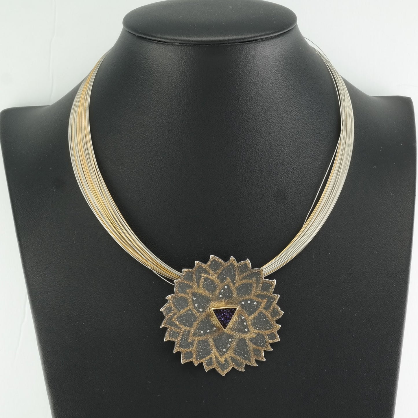 Vintage Designer Sterling Silver Druzy Quartz, Diamonds 24K Accents Necklace